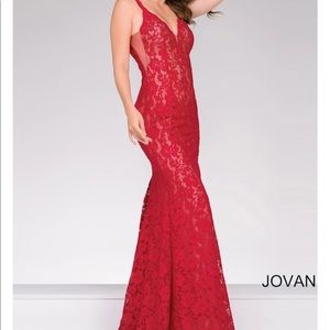 JOVANI DRESS 48994 RED FITTED LACE WITH V NECKLINE